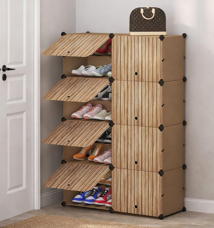 Premium 8-Door 16-Shelf Modular Plastic Shoe Storage Cabinet – Black