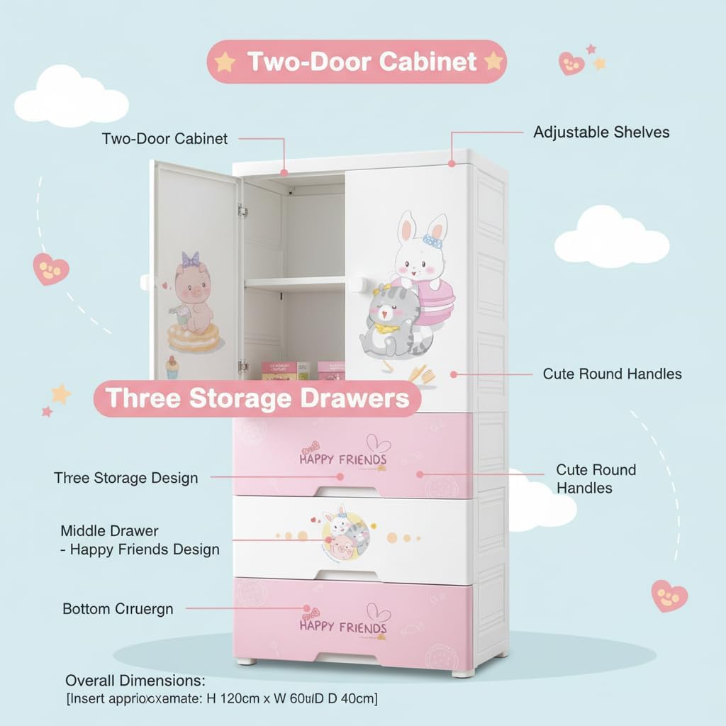Premium Multi-Compartment Kids Plastic Wardrobe with Wheels – Sweet Heart Print