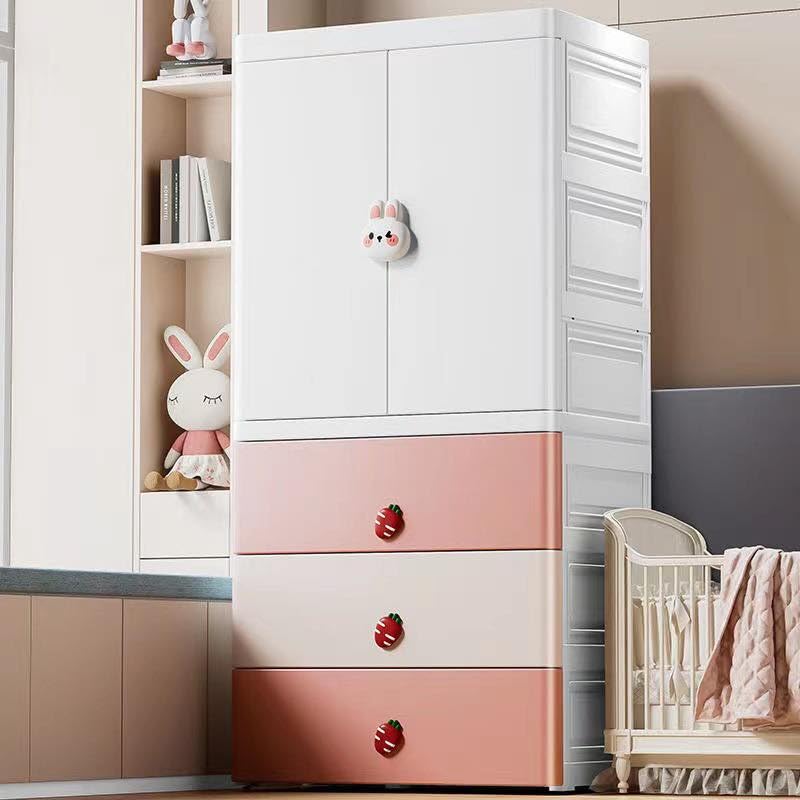 Premium 1+3 Door Kids Plastic Collapsible Wardrobe with Drawers – Pink Rabbit