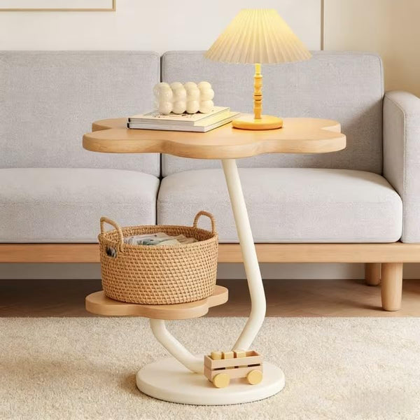 Premium Flower Side Table with Metal Base – Natural Wood