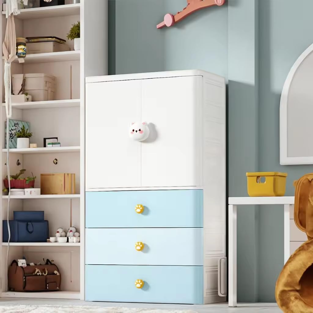 Premium 1+3 Door Kids Plastic Collapsible Wardrobe with Drawers – Blue Bear