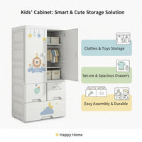 Premium 1-Door 3-Drawer Kids Plastic Wardrobe with Wheels – Lion Print