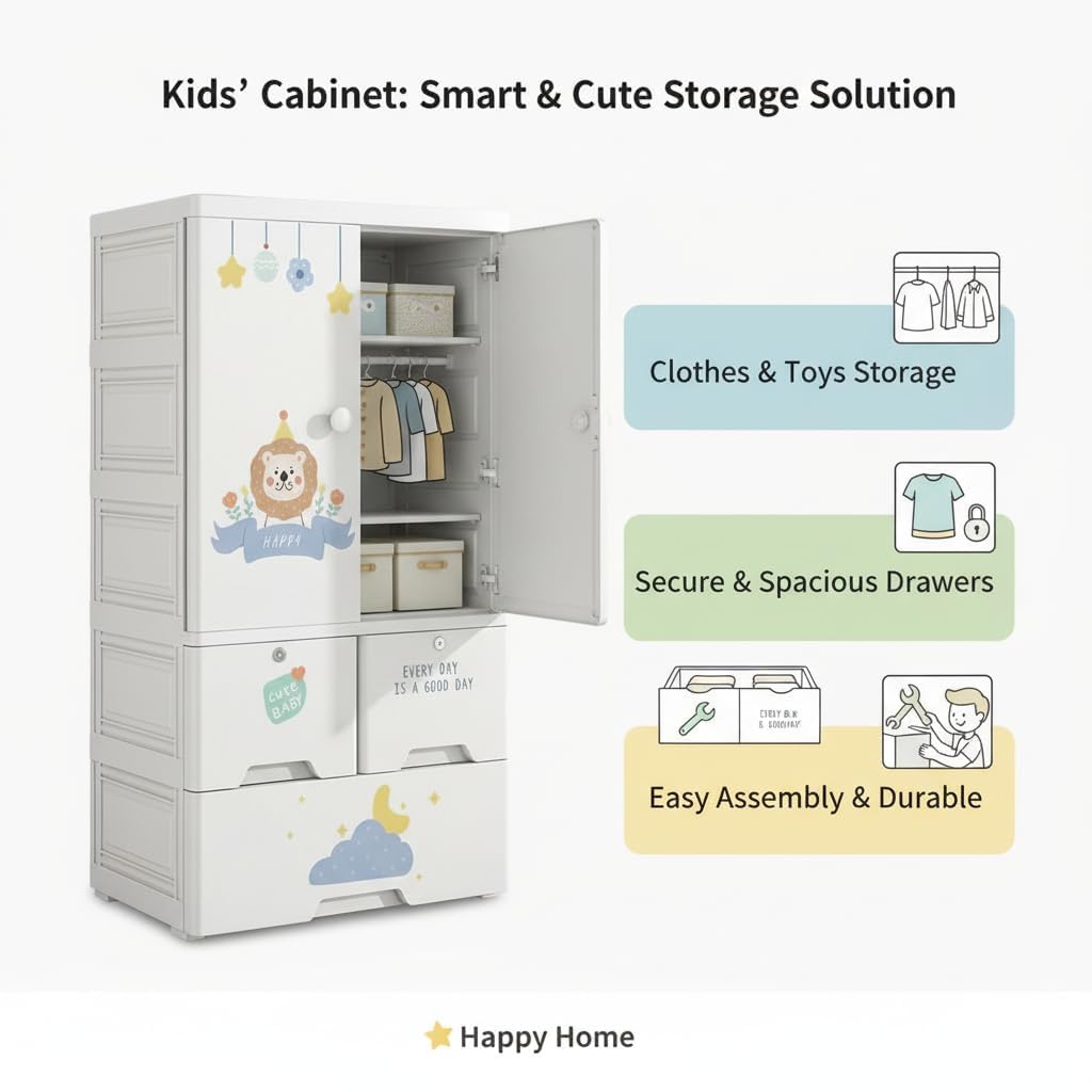 Premium 1-Door 3-Drawer Kids Plastic Wardrobe with Wheels – Lion Print