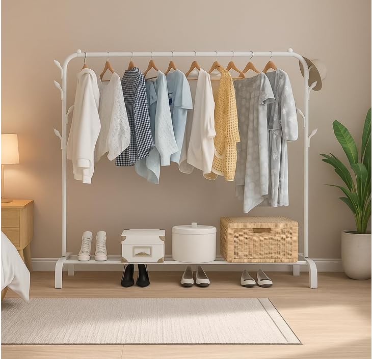 SAMDIYA 2-Door 5-Shelf Kids Wardrobe + Scalp Massager (White) + Pole Rack (White) | Buy 1 Get 2 Free Combo