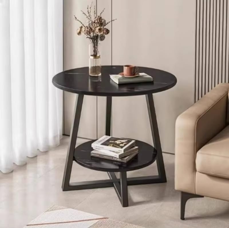 Premium Round Side Table with Metal Base – Black Marble
