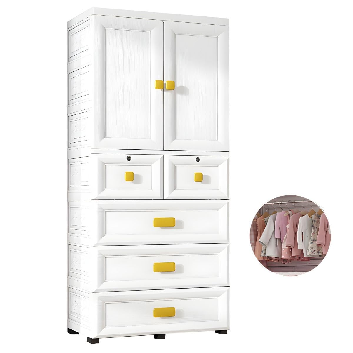 Premium 2-Door 6-Shelf Foldable Plastic Wardrobe Cabinet with Drawers – White
