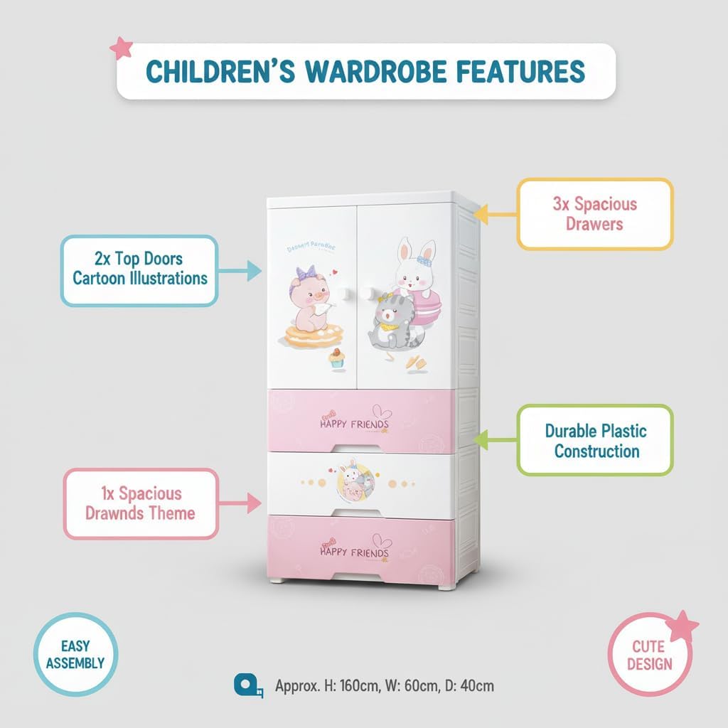 Premium Multi-Compartment Kids Plastic Wardrobe with Wheels – Sweet Heart Print