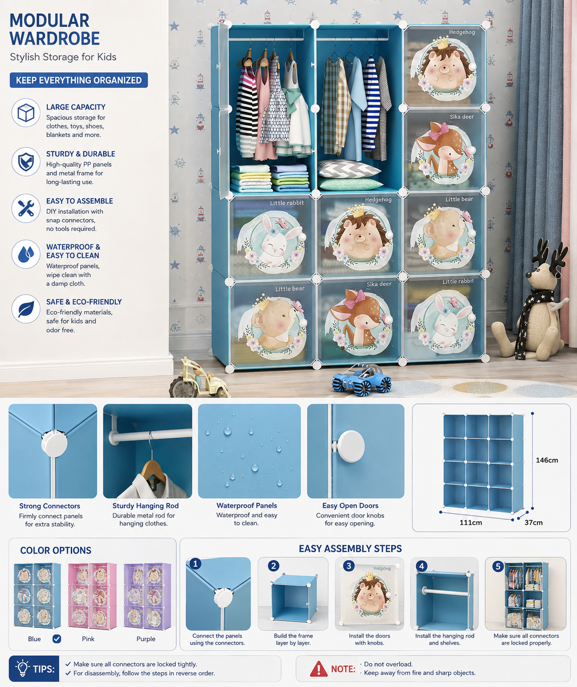 Premium 12-Door Jungle-Print Kids Plastic Wardrobe – Blue
