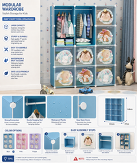 Premium 12-Door Jungle-Print Kids Plastic Wardrobe – Blue