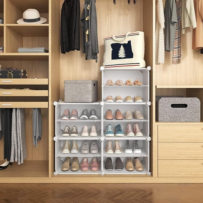 Premium 10-Layer Plastic Shoe Storage Cabinet with Doors & Side Hooks – White