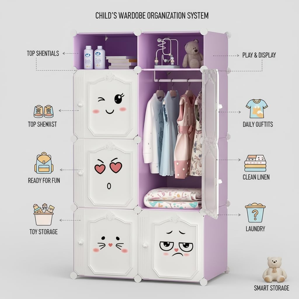 Premium 6-Door 8-Shelf Kids Emoji Cube Modular Plastic Wardrobe – Purple