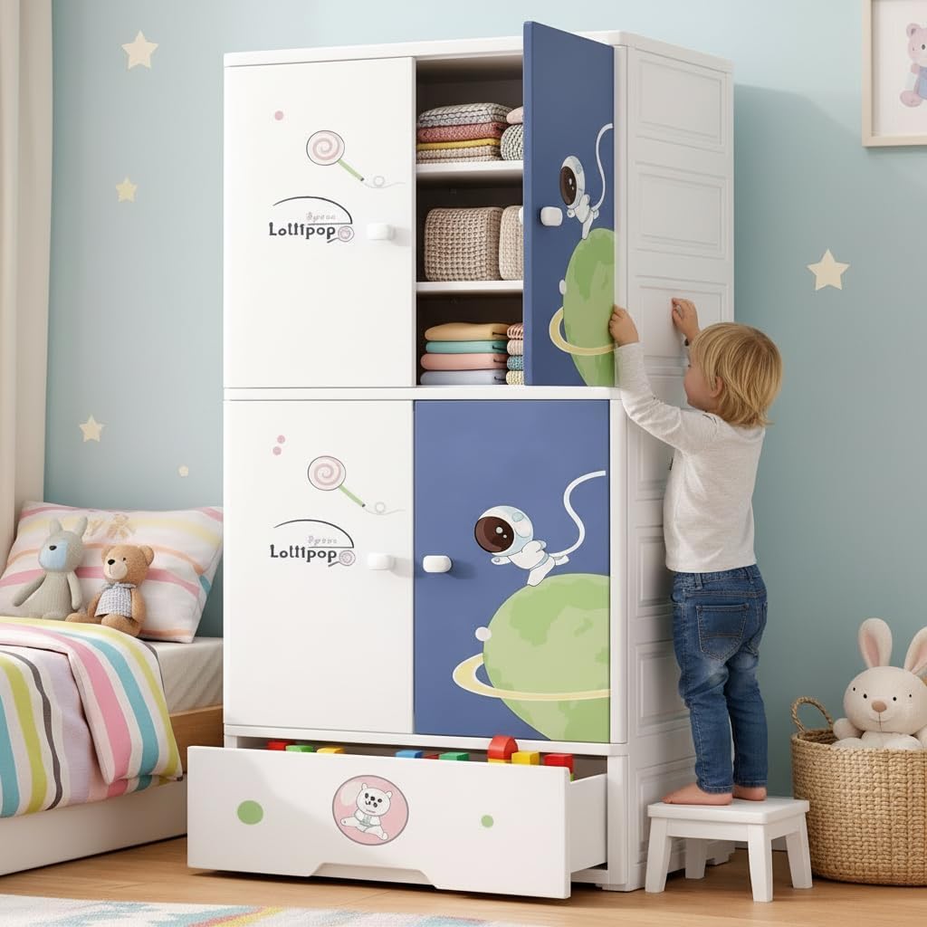 Premium 1+3 Door Kids Plastic Collapsible Wardrobe with Drawers – Starry Sky Blue