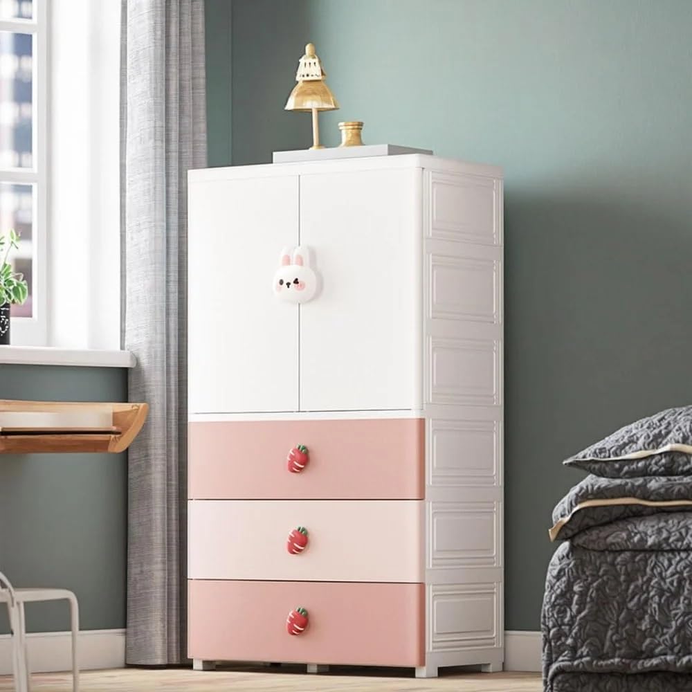 Premium 1+3 Door Kids Plastic Collapsible Wardrobe with Drawers – Pink Rabbit