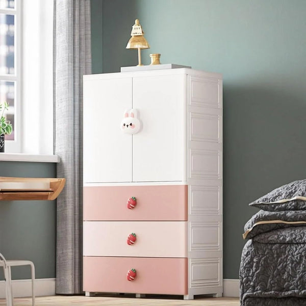 Premium 1+3 Door Kids Plastic Collapsible Wardrobe with Drawers – Pink Rabbit