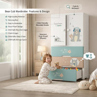 Premium Multi-Compartment Kids Plastic Wardrobe with Wheels – Funny Bear Print