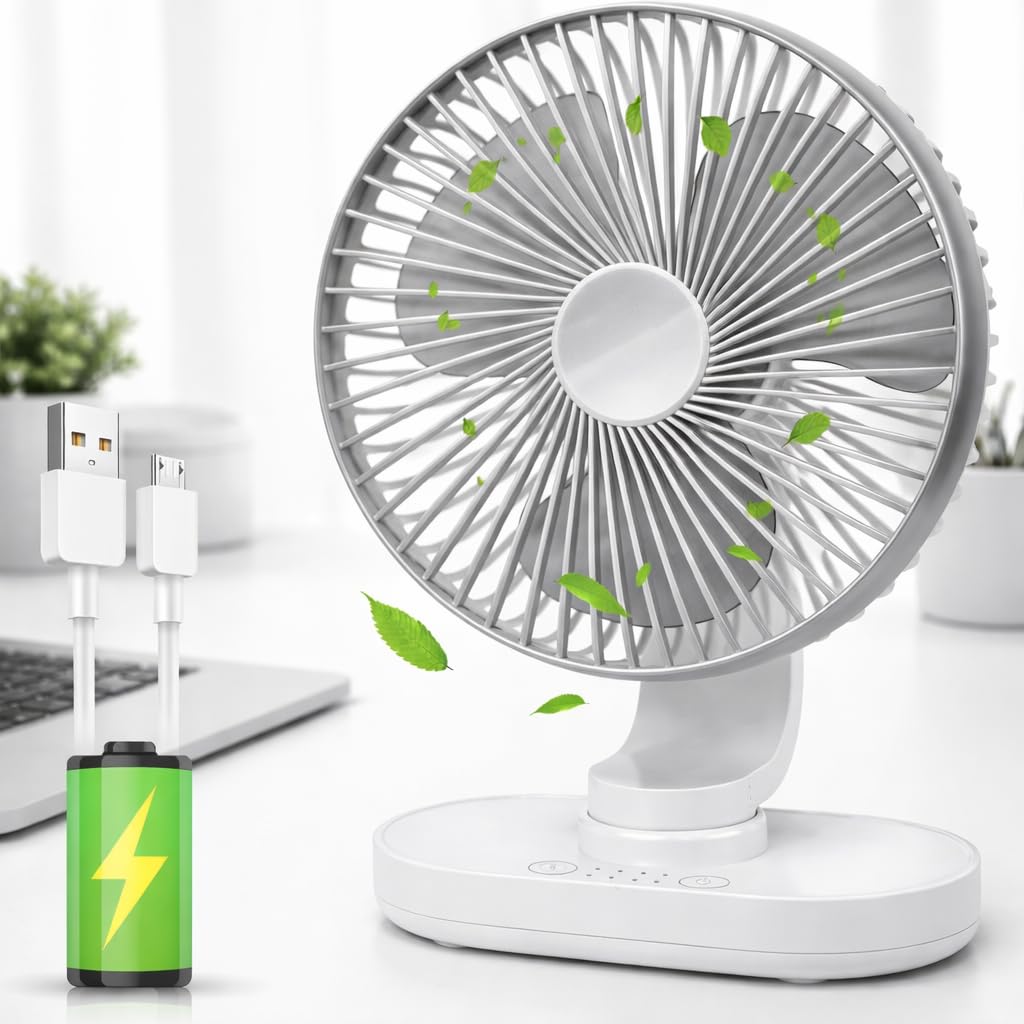 Premium 4000mAh Rechargeable Desk Fan with 4-Speed Modes – Silver