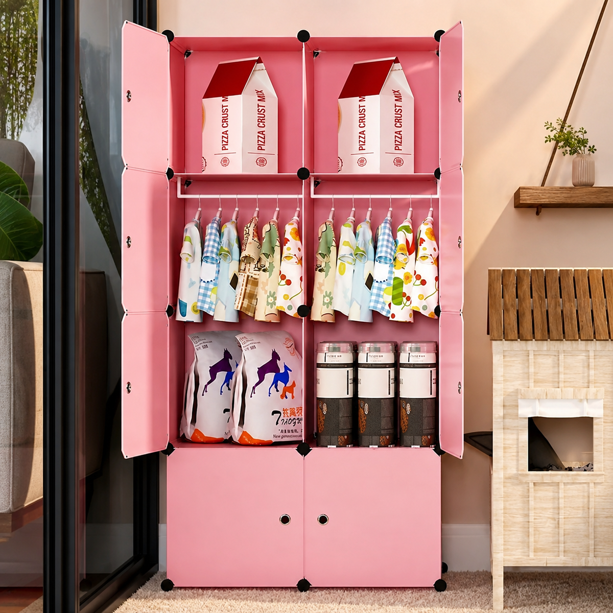 Premium 8-Cube Kids Modular Plastic Wardrobe Cabinet – Pink