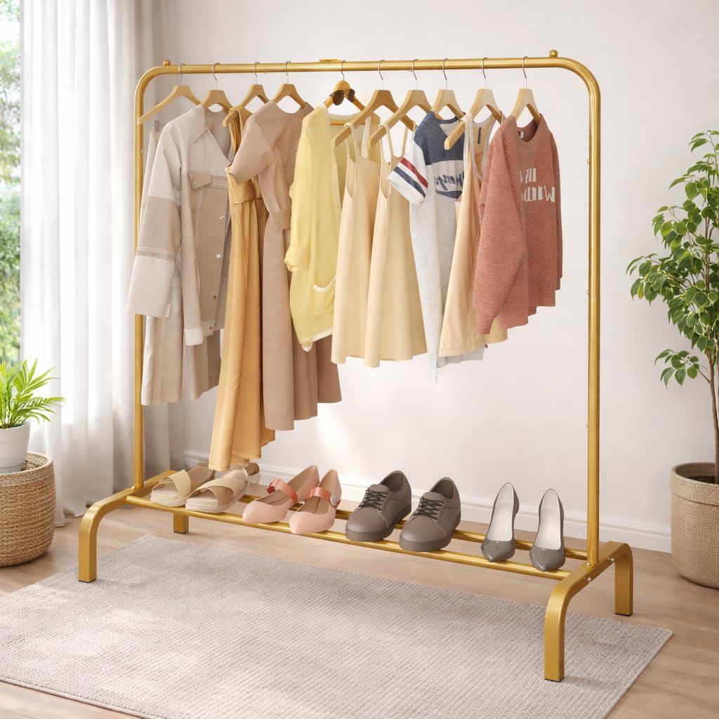 Premium Single Pole Garment Rack with Bottom Shelves – Golden