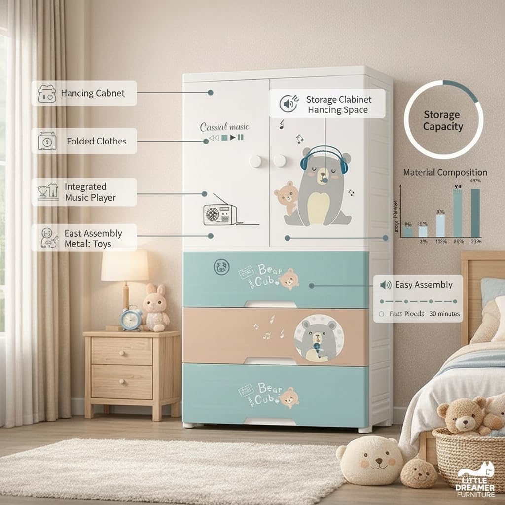 Premium Multi-Compartment Kids Plastic Wardrobe with Wheels – Funny Bear Print