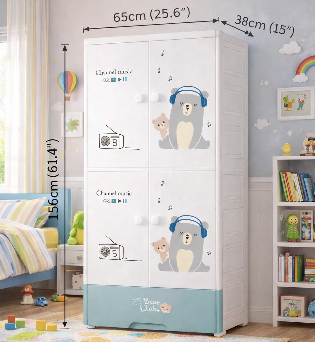 Premium 4-Door 1-Drawer Kids Plastic Wardrobe with Wheels – Music Bear Print