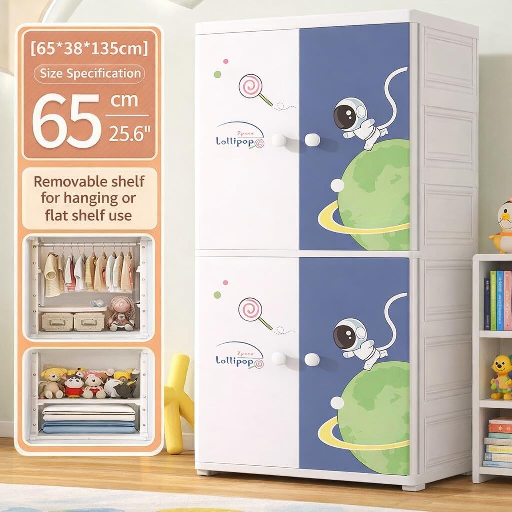 Premium 1+3 Door Kids Plastic Collapsible Wardrobe with Drawers – Starry Sky Blue