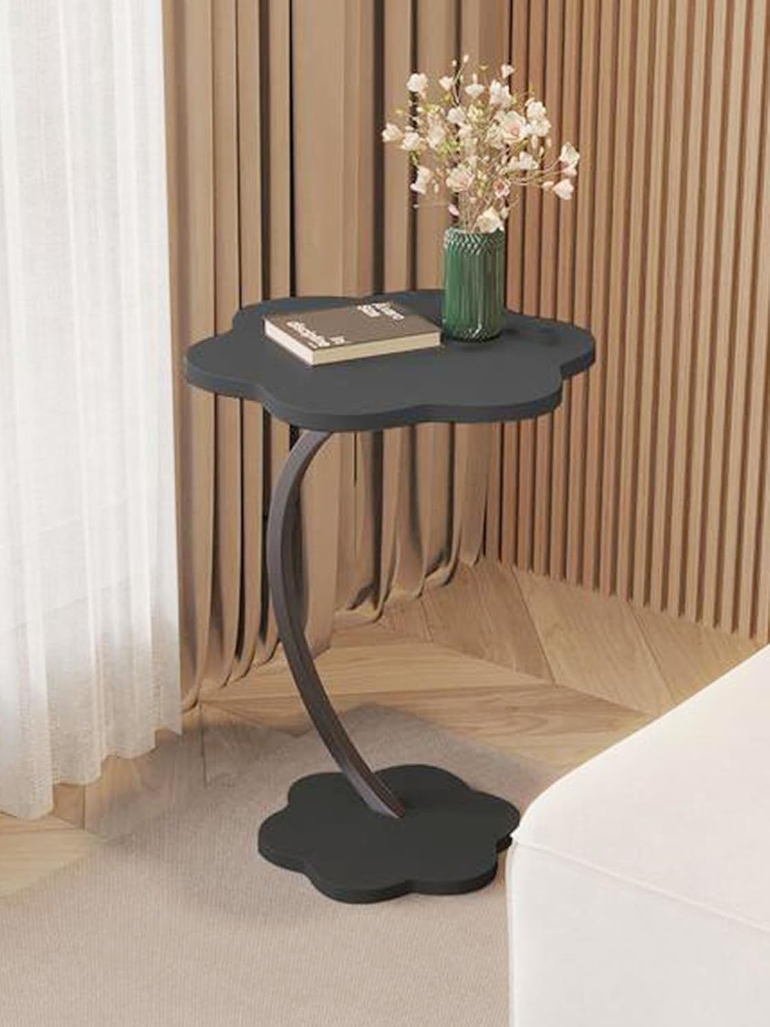 Premium Flower Side Table with Metal Base – Black Marble