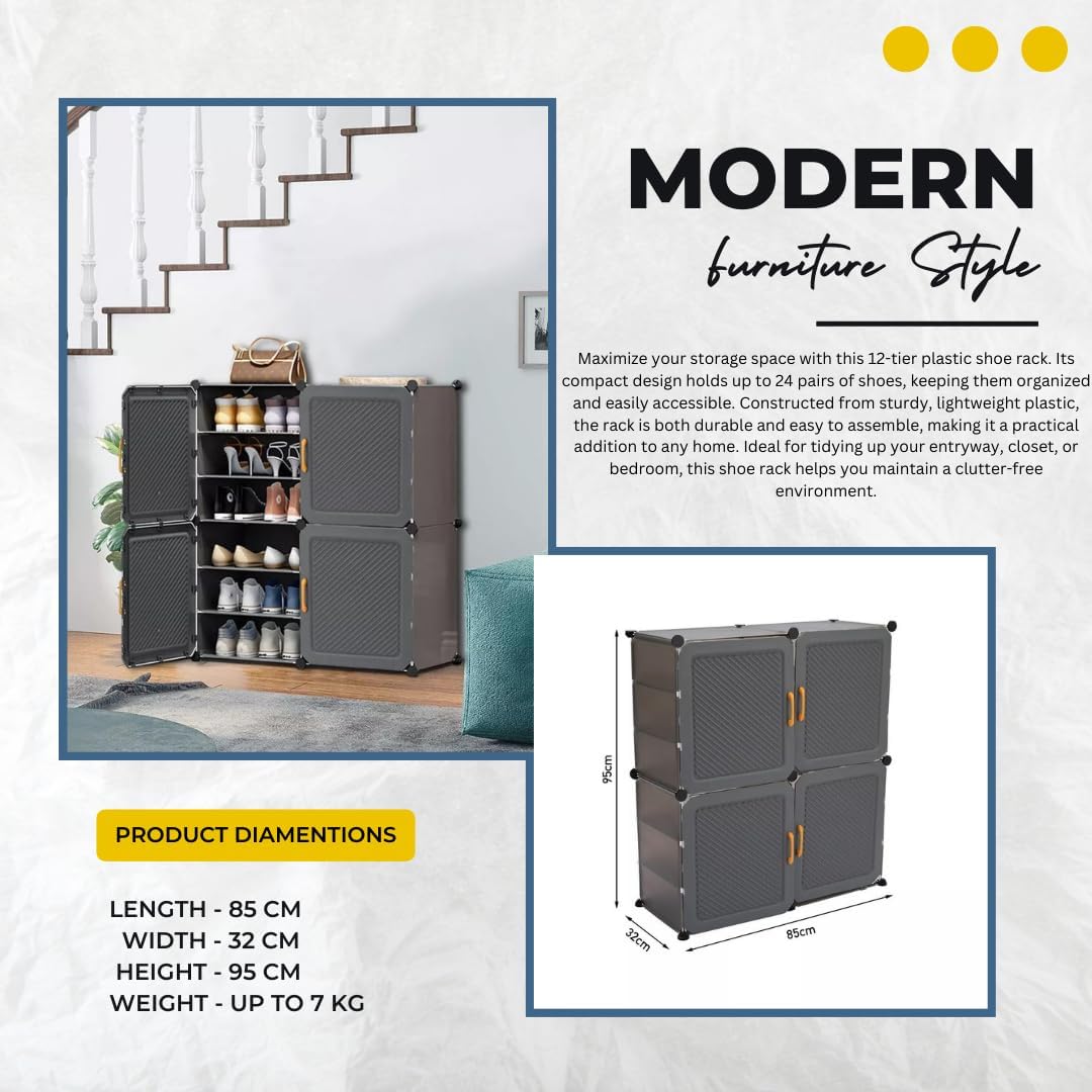 Premium 4-Door 12-Layer Plastic Shoe Storage Cabinet | Dustproof Modular Shoe Organizer | Grey