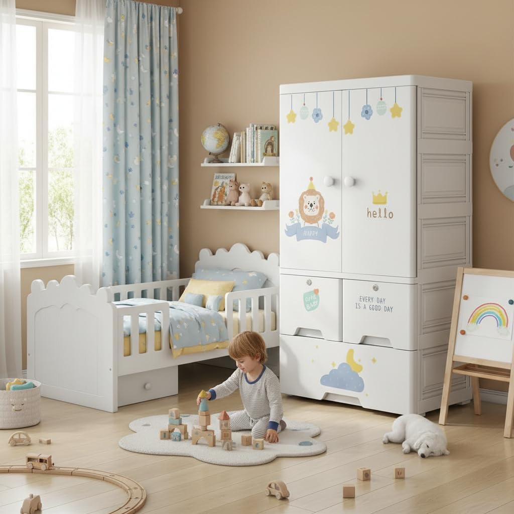 Premium 1-Door 3-Drawer Kids Plastic Wardrobe with Wheels – Lion Print