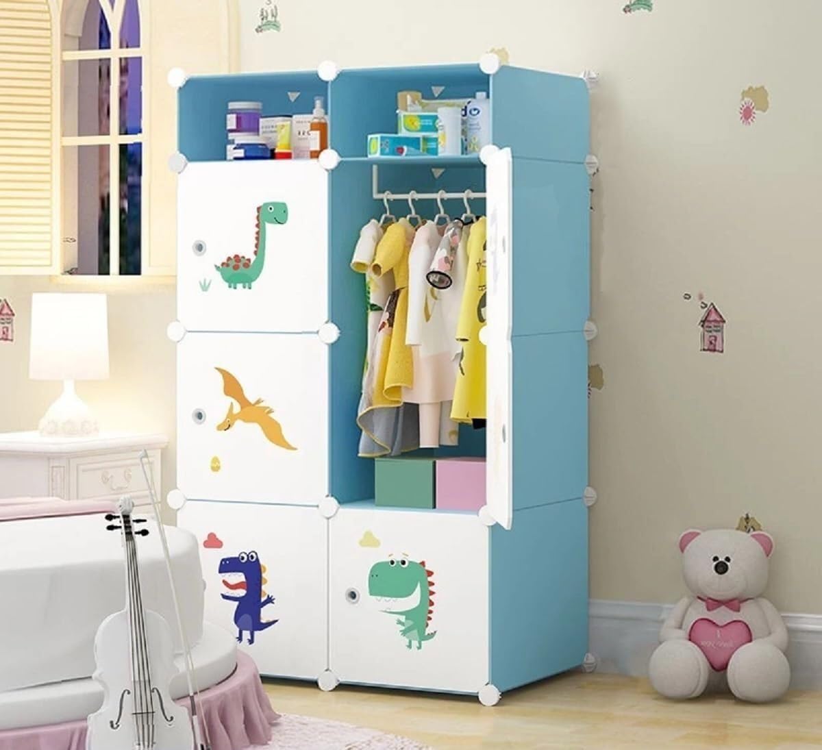 Premium 6+2 Cube Kids Dinosaur Modular Plastic Wardrobe Cabinet – Blue
