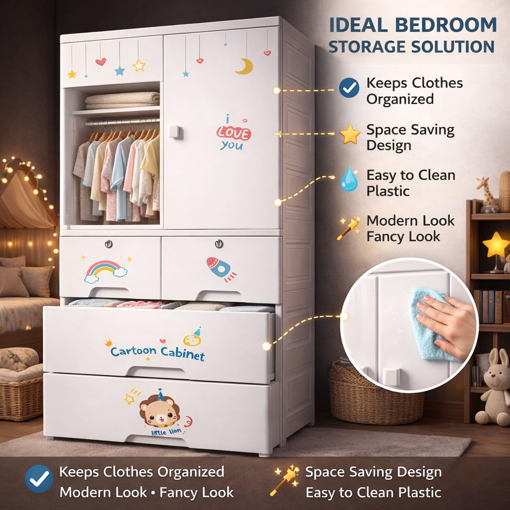 Premium 1+4 Door Kids Plastic Wardrobe with Drawers – Lion