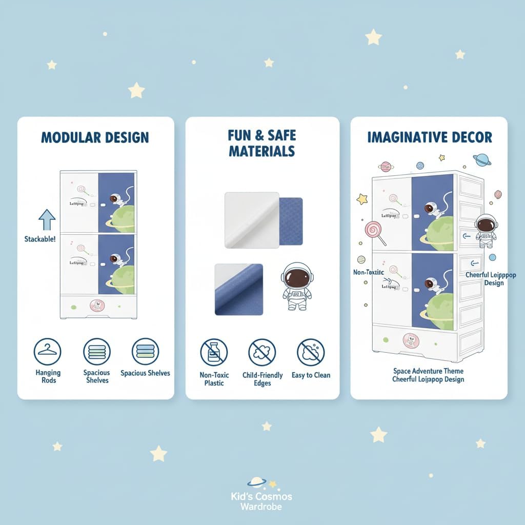 Premium 1+3 Door Kids Plastic Collapsible Wardrobe with Drawers – Starry Sky Blue