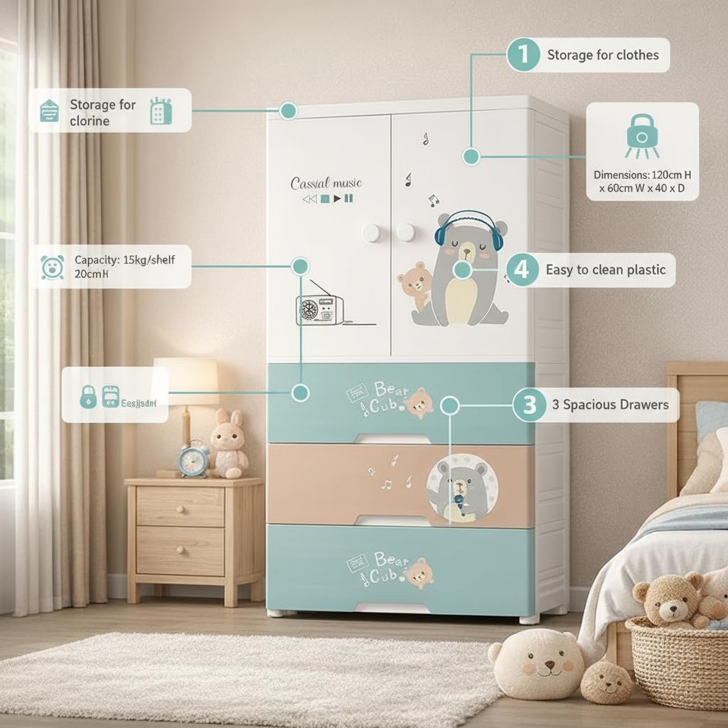 Premium Multi-Compartment Kids Plastic Wardrobe with Wheels – Funny Bear Print