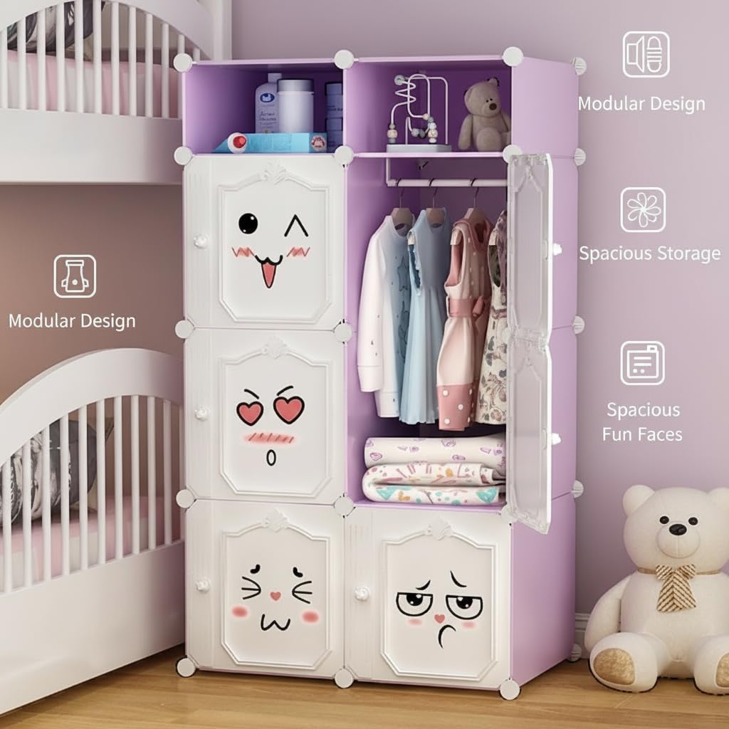 Premium 6-Door 8-Shelf Kids Emoji Cube Modular Plastic Wardrobe – Purple