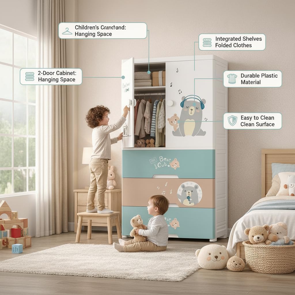 Premium Multi-Compartment Kids Plastic Wardrobe with Wheels – Funny Bear Print