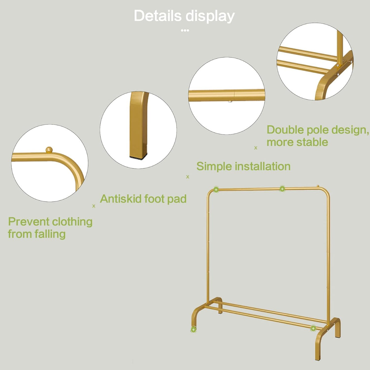 Premium Single Pole Garment Rack with Bottom Shelves – Golden