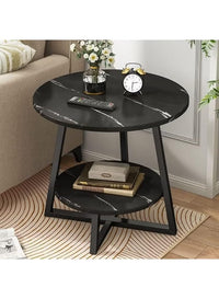 Premium Round Side Table with Metal Base – Black Marble