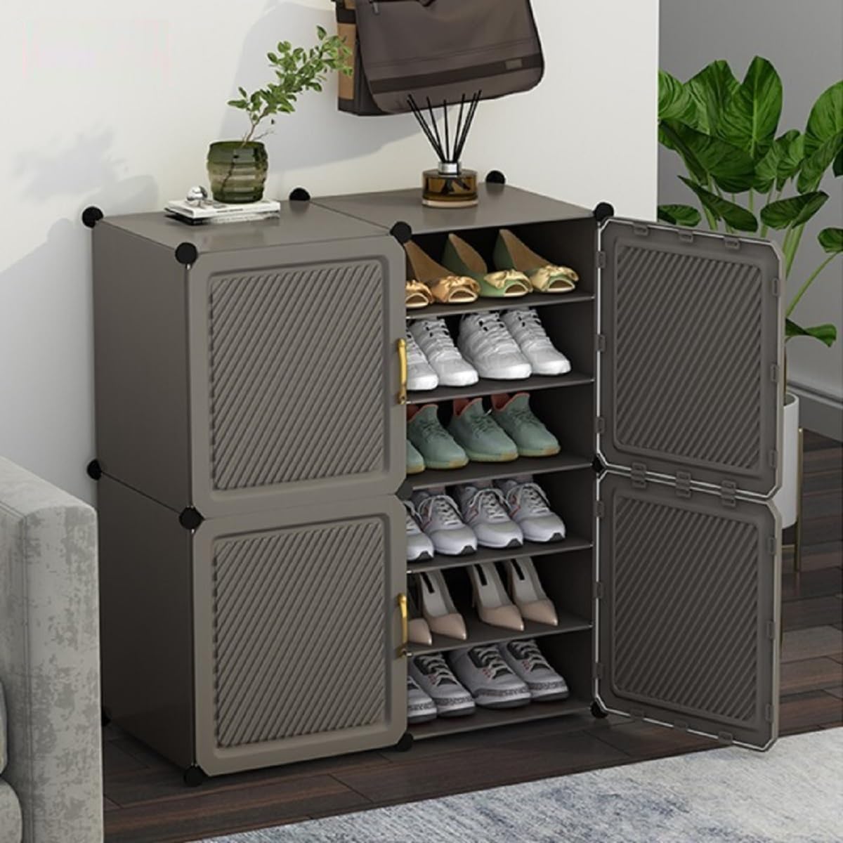 Premium 4-Door 12-Layer Plastic Shoe Storage Cabinet | Dustproof Modular Shoe Organizer | Grey