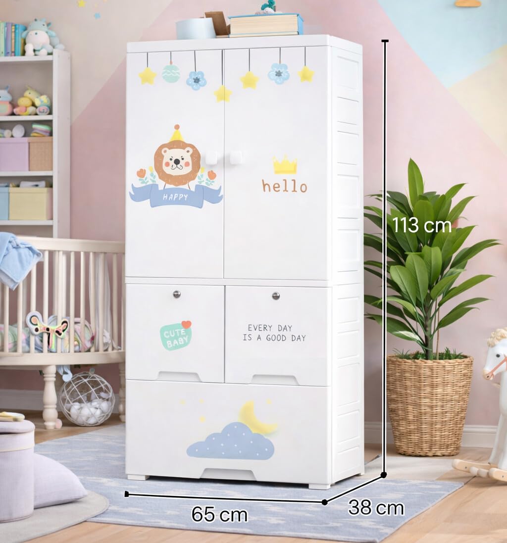 Premium 1-Door 3-Drawer Kids Plastic Wardrobe with Wheels – Lion Print