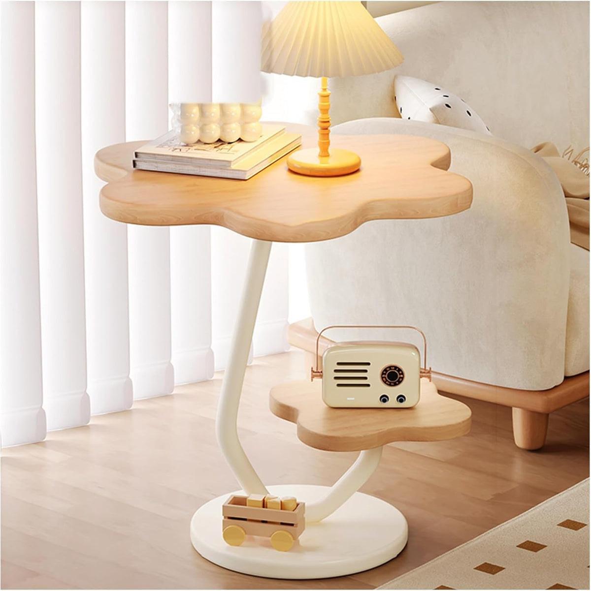 Premium Flower Side Table with Metal Base – Natural Wood