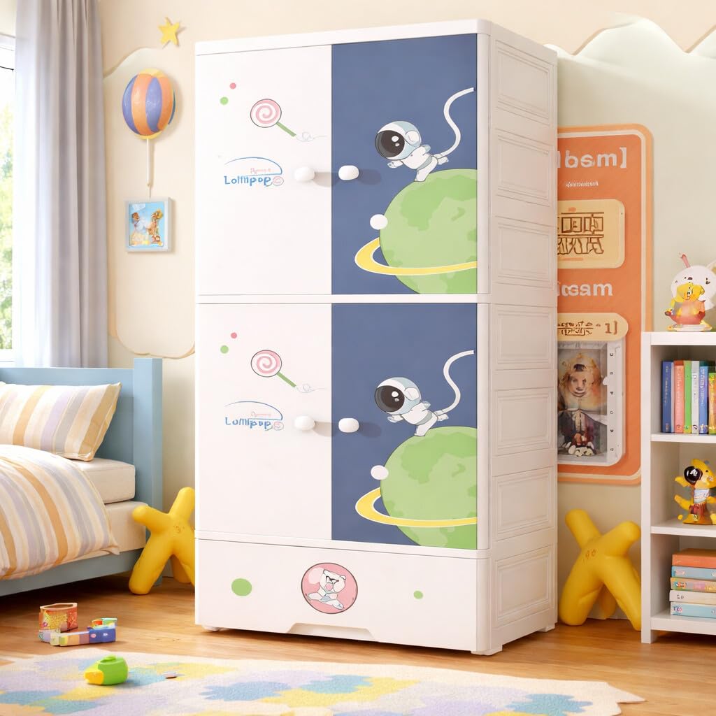 Premium 1+3 Door Kids Plastic Collapsible Wardrobe with Drawers – Starry Sky Blue