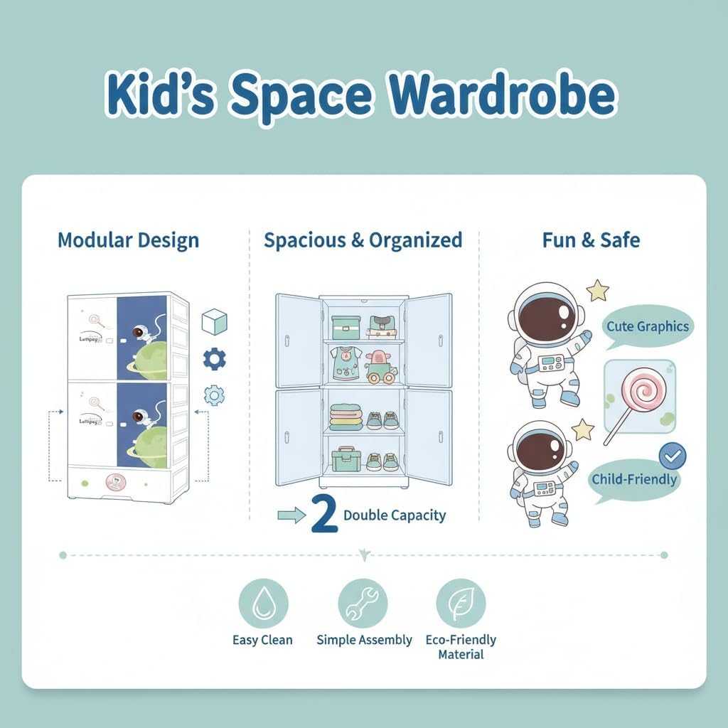 Premium 1+3 Door Kids Plastic Collapsible Wardrobe with Drawers – Starry Sky Blue