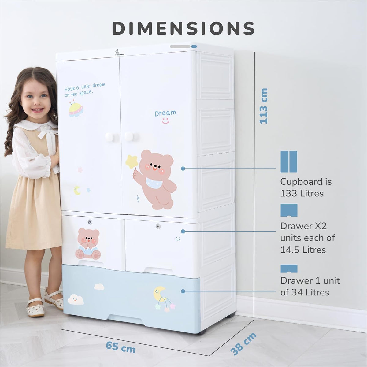 Premium 1-Door 3-Drawer Kids Plastic Wardrobe with Wheels – Teddy Bear Print