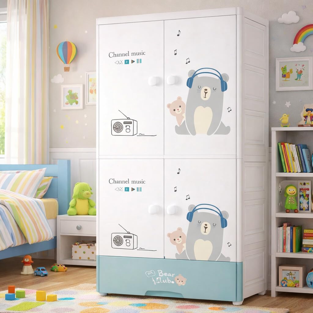 Premium 4-Door 1-Drawer Kids Plastic Wardrobe with Wheels – Music Bear Print
