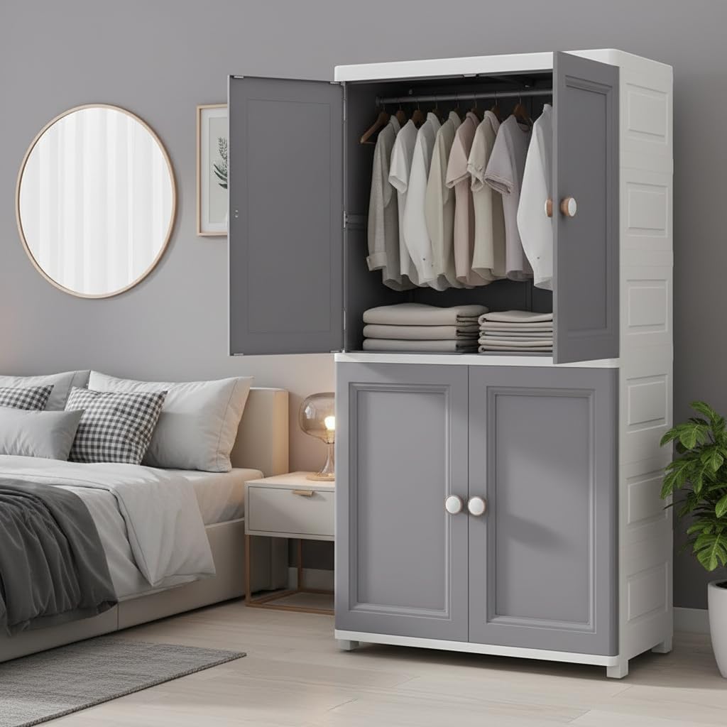 Premium 4-Door Plastic Standing Wardrobe – European Grey