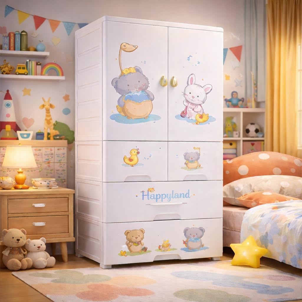 Premium 1+4 Door Kids Plastic Wardrobe with Drawers – Elephant