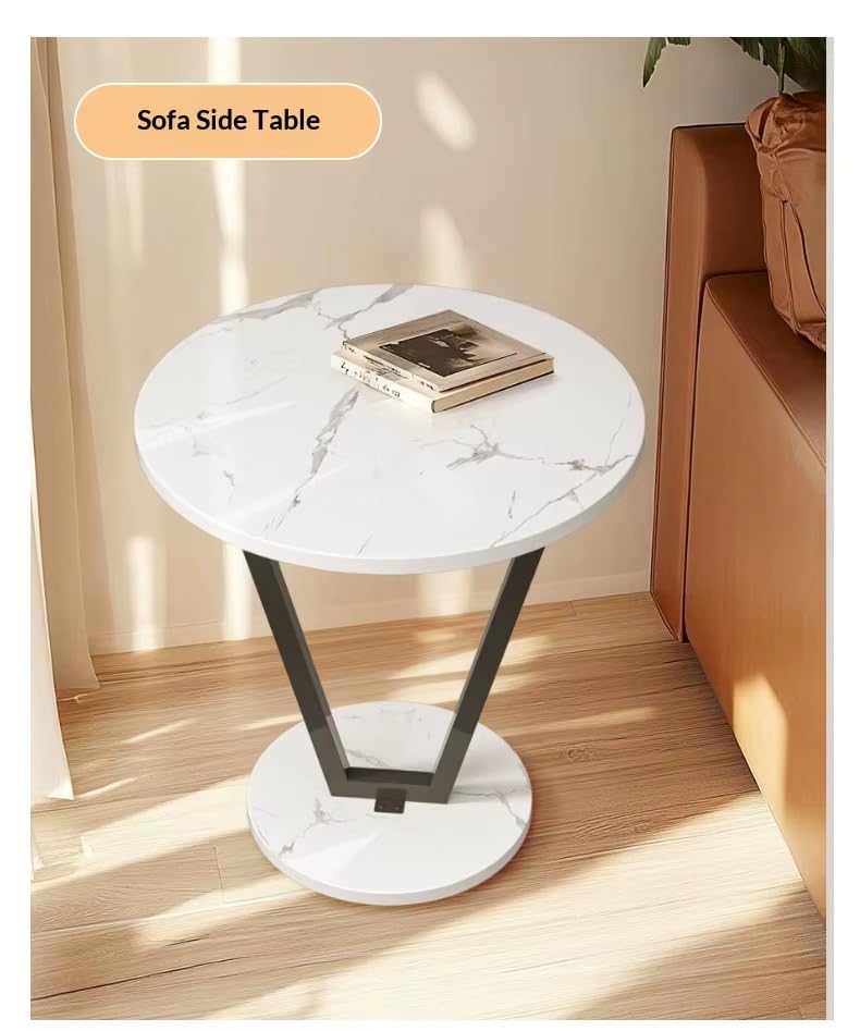 Premium Round Side Table with Metal Base – White Marble