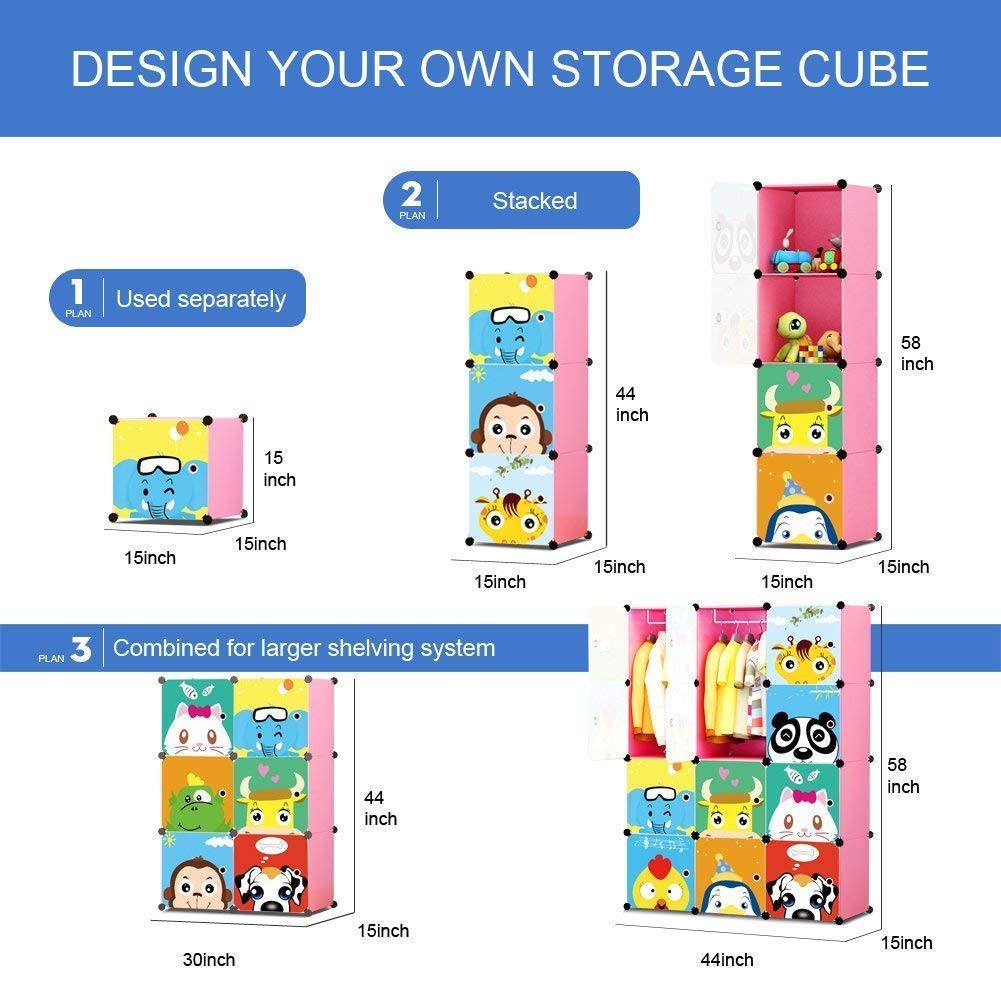 Premium 12-Door Panda-Print Kids Plastic Wardrobe – Pink