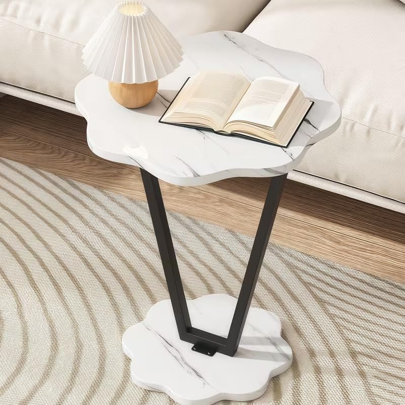 Premium V-Flower Side Table with Metal Base – White Marble