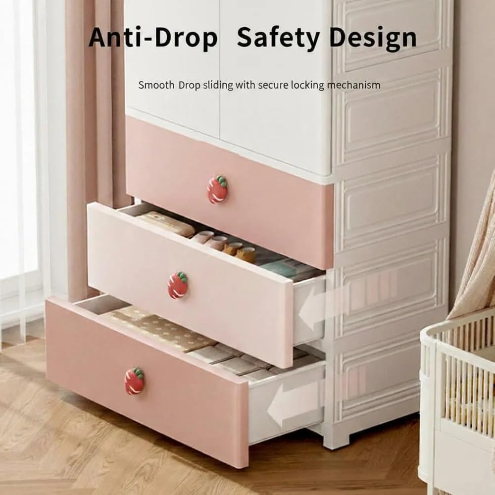 Premium 1+3 Door Kids Plastic Collapsible Wardrobe with Drawers – Pink Rabbit