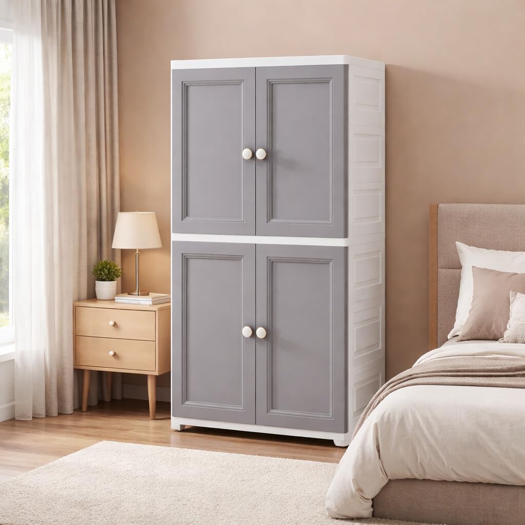 Premium 4-Door Plastic Standing Wardrobe – European Grey